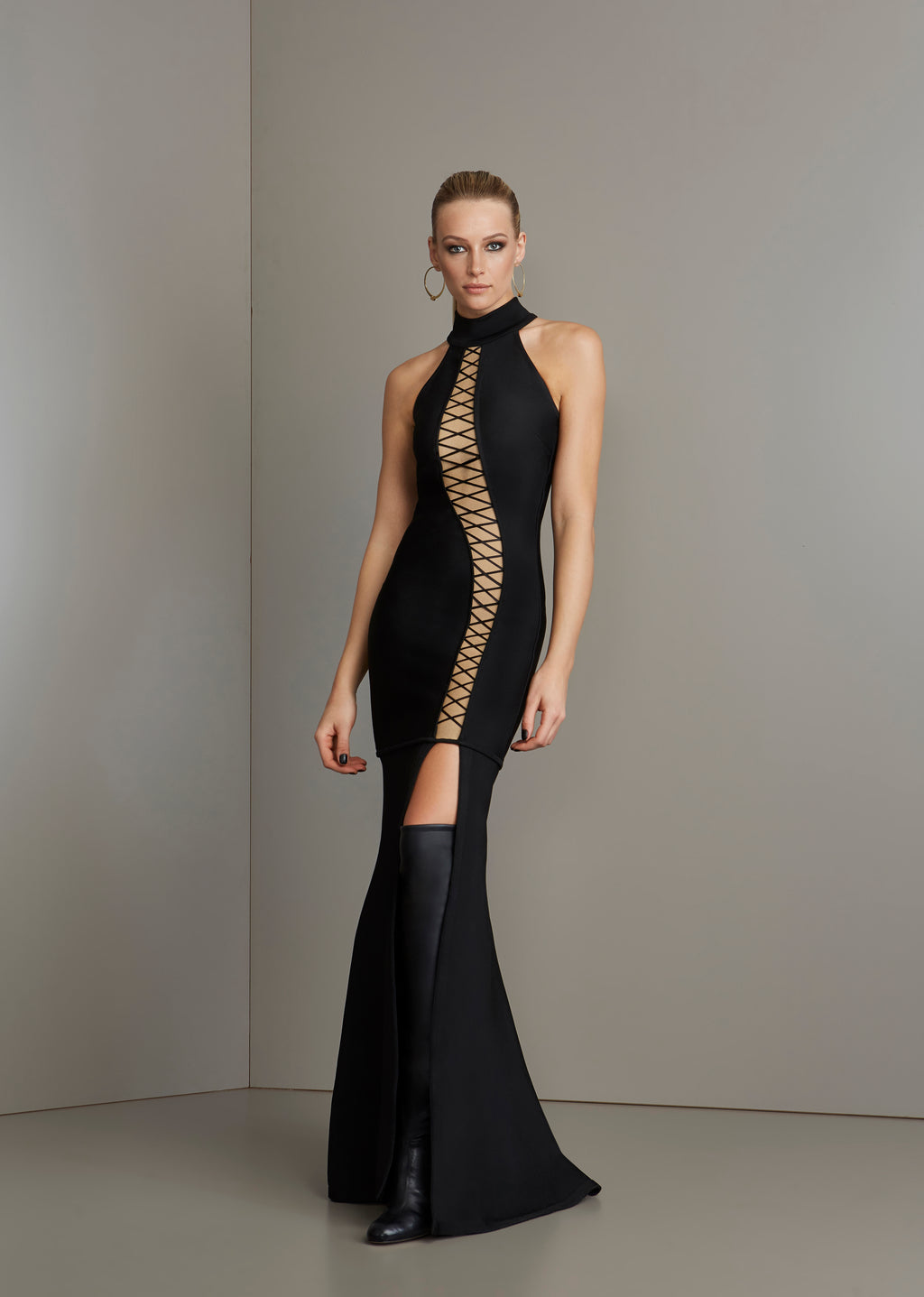 BLACK BANDAGE DRESS W/ NUDE LINING DETAIL