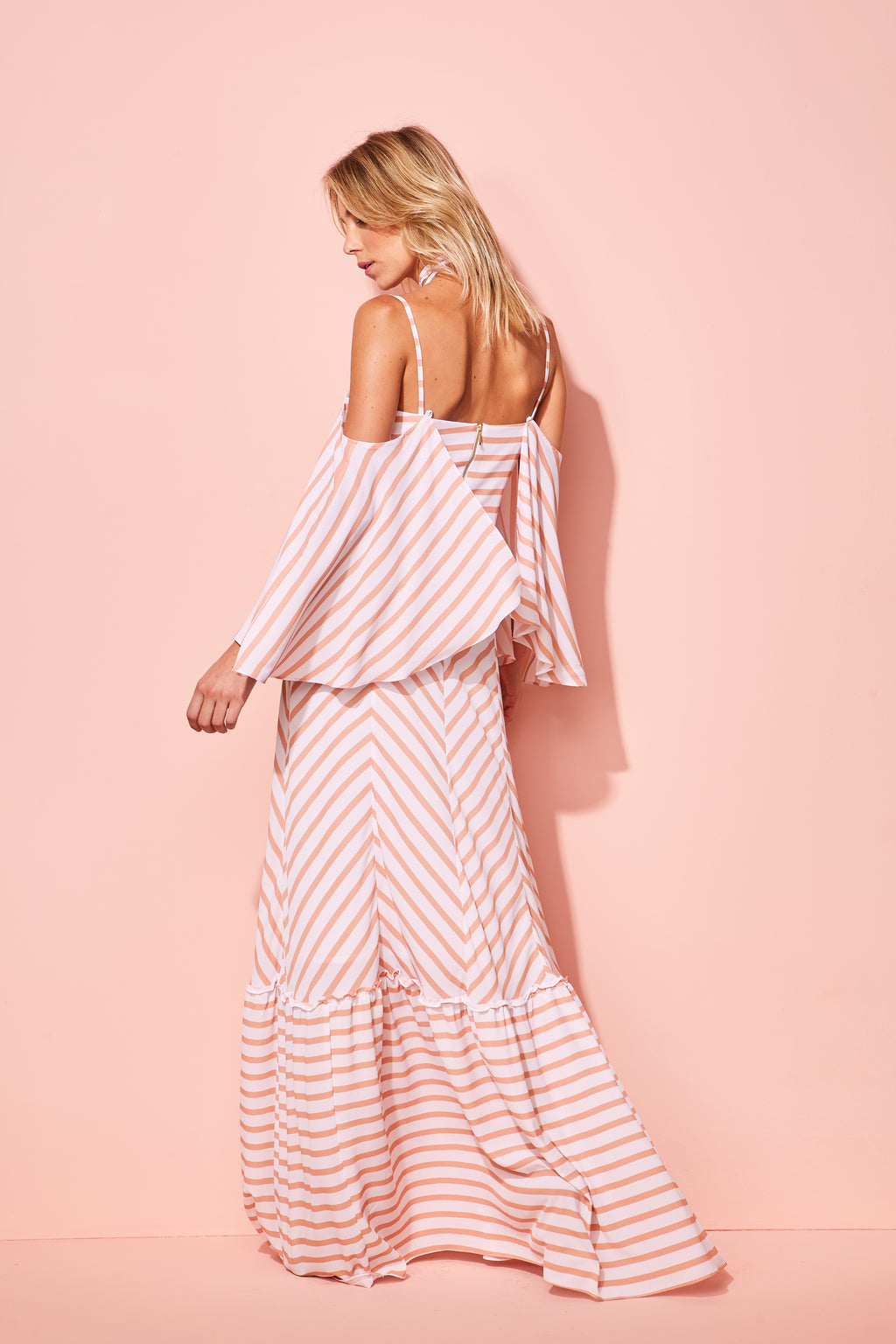 COLORFUL STRIPED FLAIR OFF SHOULDER LONG DRESS