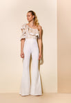 WHITE W/ ASYMMETRICAL RUFFLE BEIGE LACE GRIPY JUMPSUIT