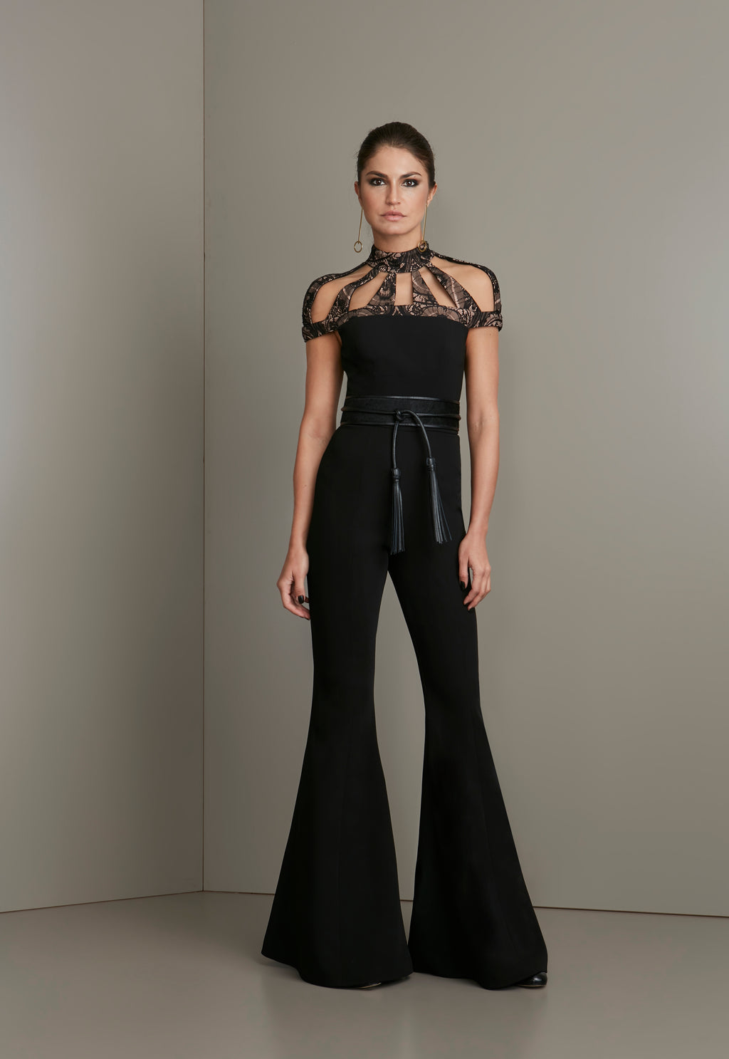 BLACK JUMPSUIT W/ LACE & MESH HALTER