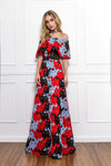 BLACK BLUE AND RED OFF SHOULDER LACE GOWN